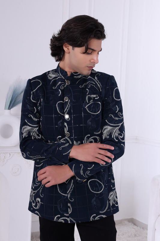 Navy Blue Jodhpuri Suit: Silver Baroque Embroidered Bandhgala - Indian Groom Sherwani