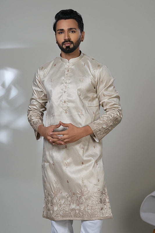 Embroidered Men's Kurta Set: Light Golden-Beige Formal Designer Kurta