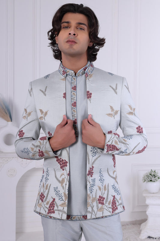 Floral Embroidered Indo-Western Sherwani: Designer Jodhpuri Jacket Outfit