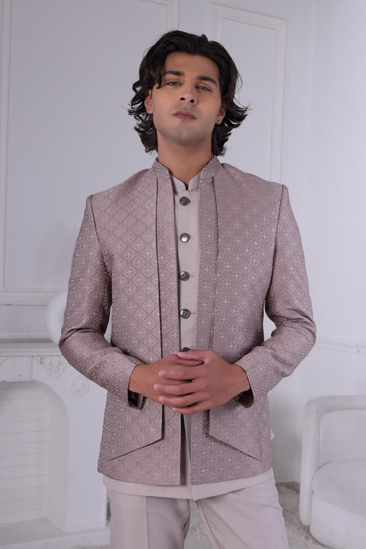 Geometric Jacquard Indo-Western Suit: Dusty Rose Wedding Sherwani