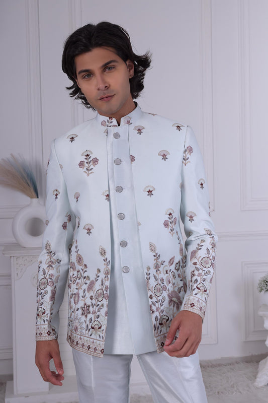 Men's White Embroidered Sherwani | 3-Piece Layered Jodhpuri Suit for Sangeet & Reception | Designer Ethnic Wear