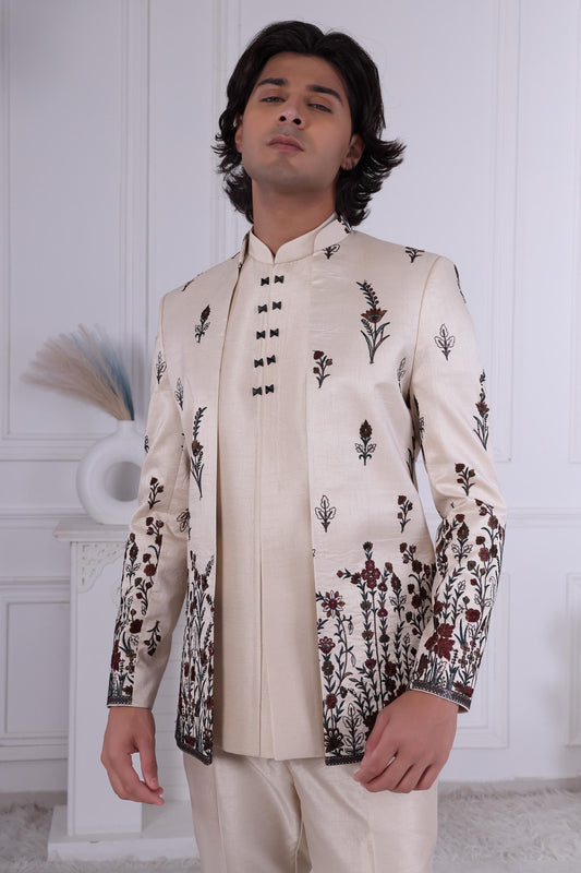 Artisanal Cream Indo-Western Sherwani with Kalamkari-Style Floral Embroidery | 3-Piece Designer Ensemble For Wedding Reception