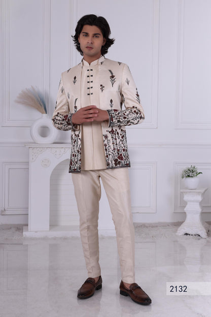 Artisanal Cream Indo-Western Sherwani with Kalamkari-Style Floral Embroidery | 3-Piece Designer Ensemble For Wedding Reception