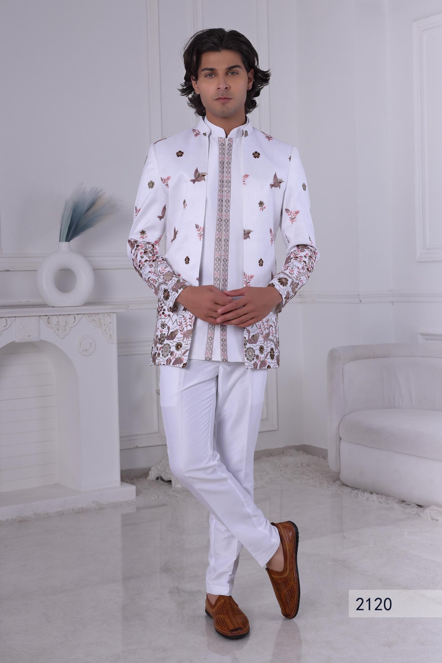 Embroidered Jodhpuri Suit: White Indo Western Sherwani, Woodland Animals