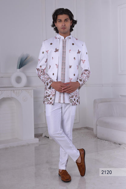 Embroidered Jodhpuri Suit: White Indo Western Sherwani, Woodland Animals