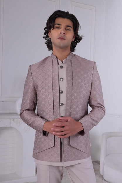 Geometric Jacquard Indo-Western Suit: Dusty Rose Wedding Sherwani