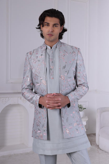 Floral Embroidered Light Grey Sherwani: Groom Wedding Outfit