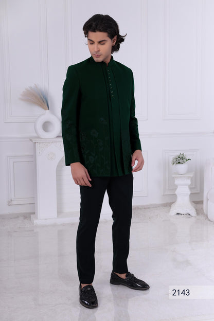 Dark Green Velvet Jodhpuri Suit with Floral Embroidery | Designer Bandhgala for Groom's Reception