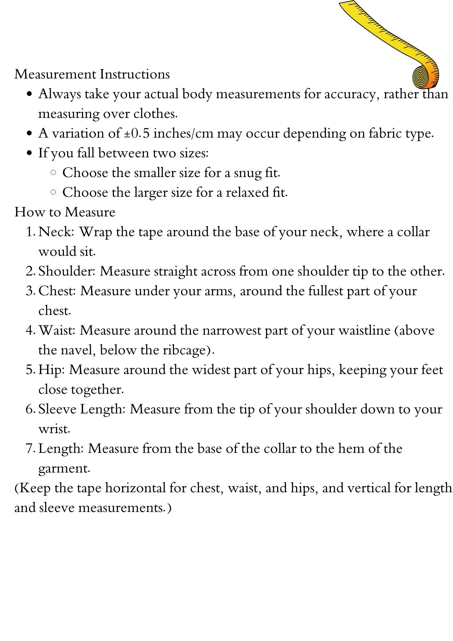 Measurement instructions for clothing with a tape measure illustration on a white background