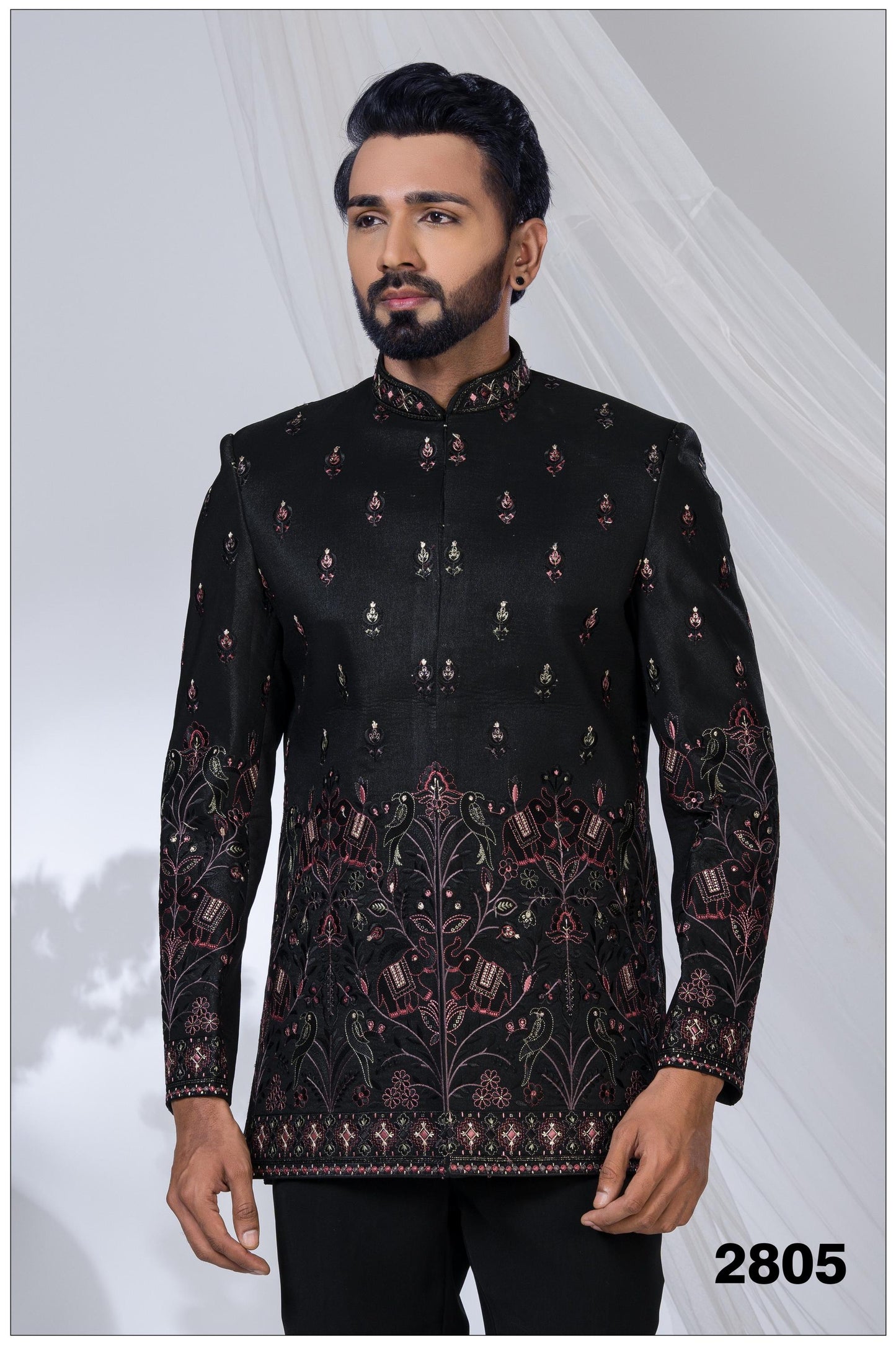 Luxury Black Bird Motif Bandhgala Suit | Modern Designer Reception Outfit | Indian Wedding Wear |