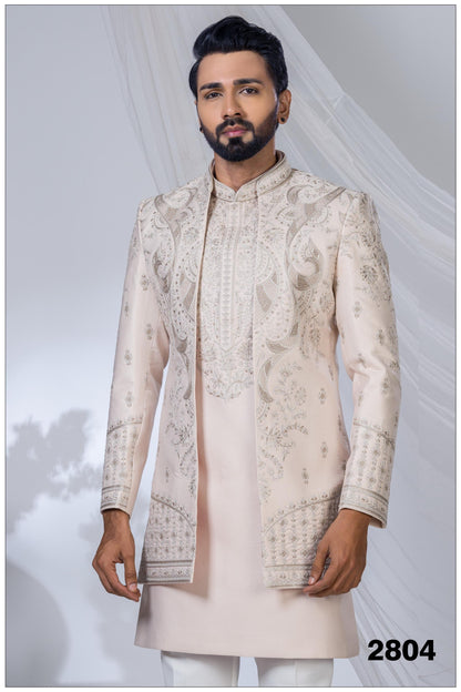 Champagne Silk Indo-Western Sherwani | Designer Wedding Sherwani for Groom & Reception | Indian Ethnic Wear