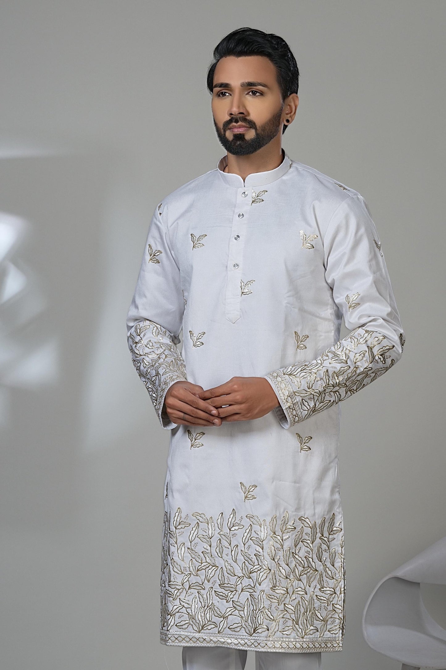 Gold Leaf Embroidered White Kurta Set - Designer Menswear