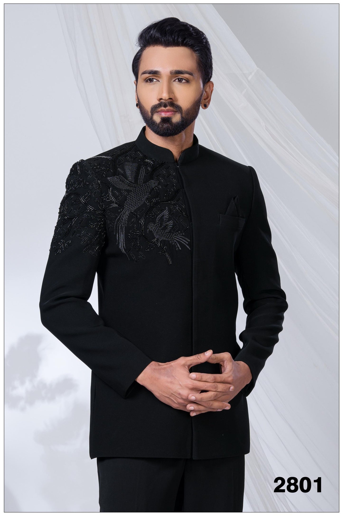 The Black Phoenix: Avant-Garde Embroidered Bandhgala Suit, Sherwani For Men, Indian Wedding Sherwani