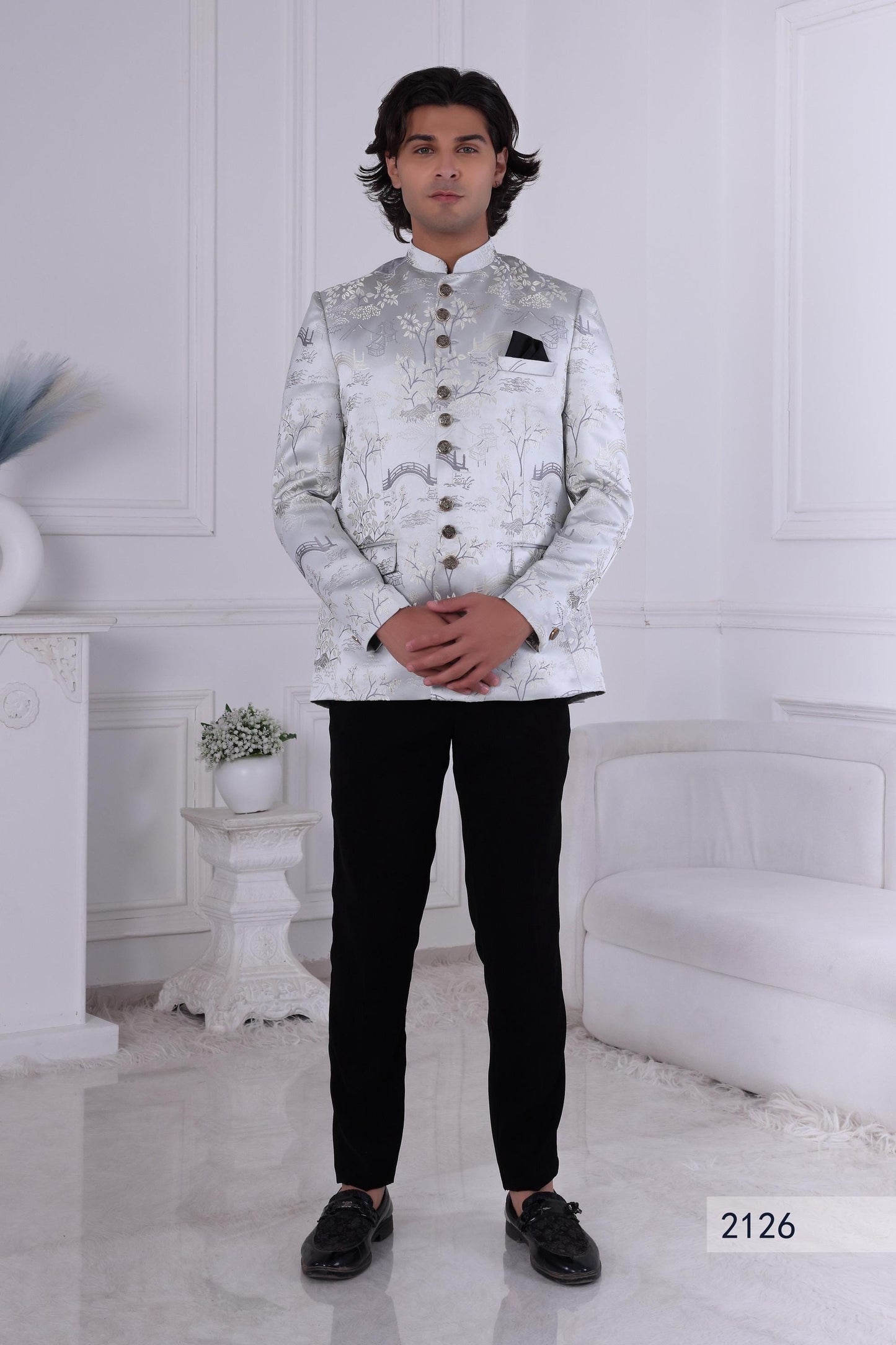Silver-Blue Scenic Jacquard Jodhpuri Suit: Modern Bandhgala Wedding Outfit