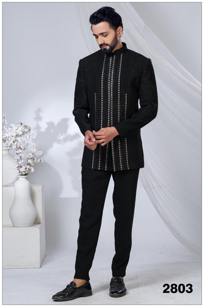 Luxury Black Indo-Western Bandhgala Suit | Designer Embroidered Sherwani for Groom & Wedding Reception | Men's Ethnic Wear