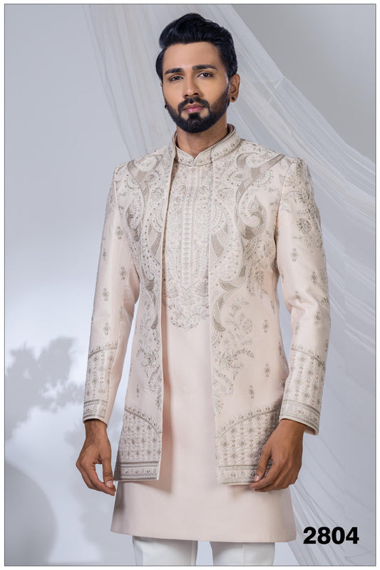 Champagne Silk Indo-Western Sherwani | Designer Wedding Sherwani for Groom & Reception | Indian Ethnic Wear