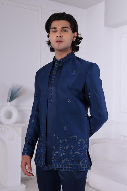 Embroidered Dark Blue Sherwani: Groom Wedding Outfit, Indo-Western Suit