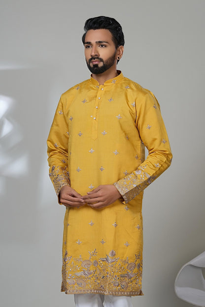 Embroidered Yellow Kurta Set: Haldi Mehendi Ceremony Outfit