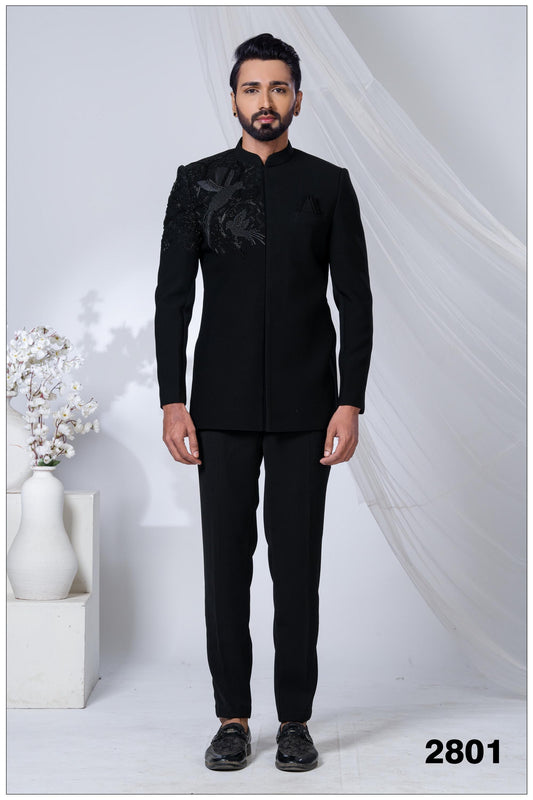 The Black Phoenix: Avant-Garde Embroidered Bandhgala Suit, Sherwani For Men, Indian Wedding Sherwani