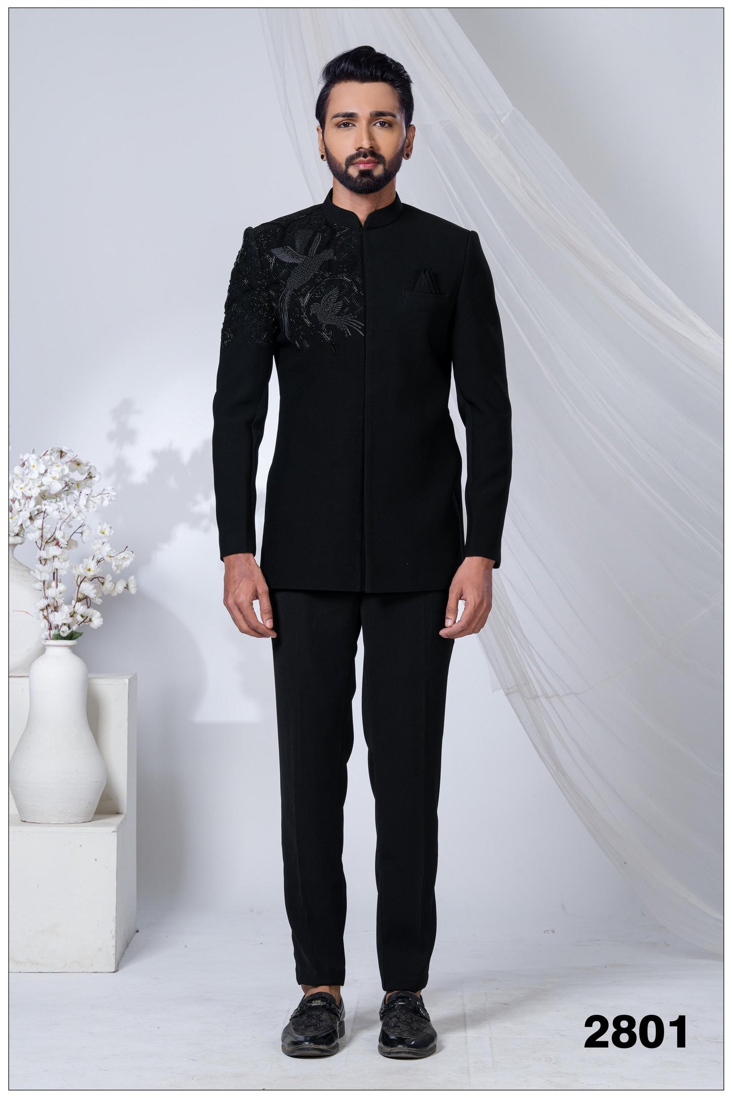 The Black Phoenix: Avant-Garde Embroidered Bandhgala Suit, Sherwani For Men, Indian Wedding Sherwani