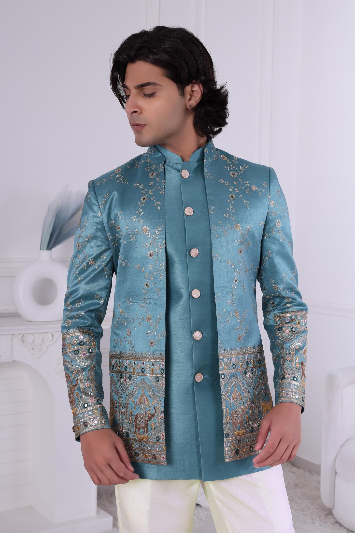 Sherwani Teal Blue Embroidered Jodhpuri Set for Men - Sherwani Wedding & Festive Wear