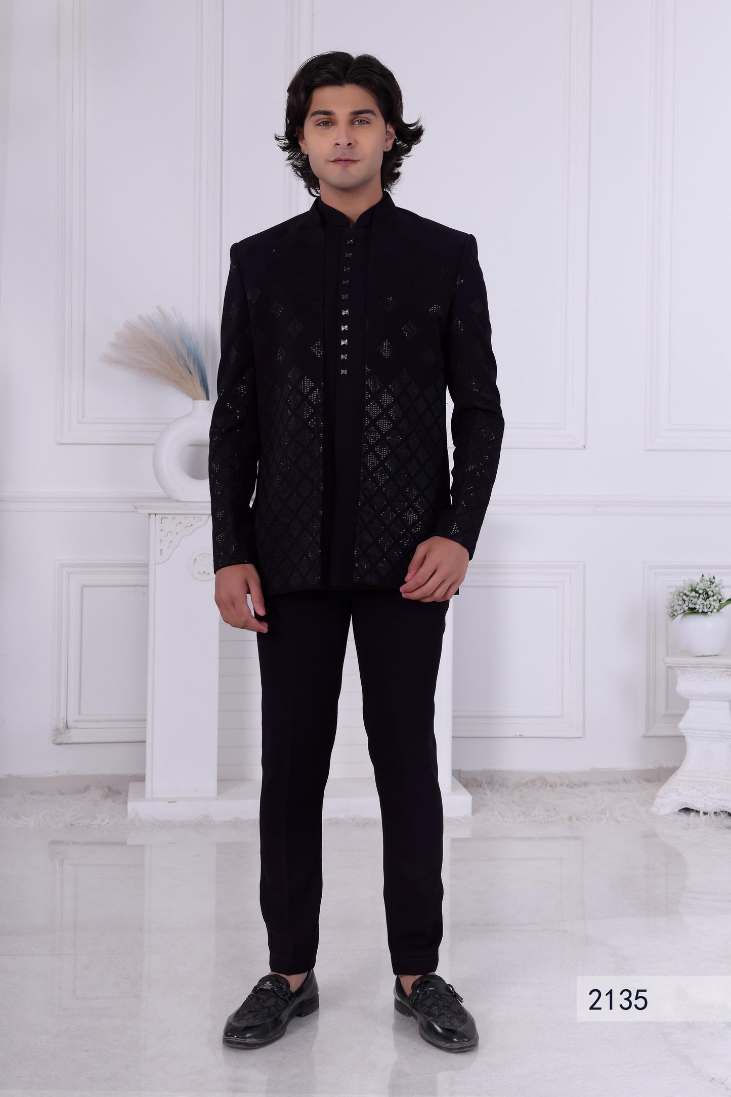 Men's Black-on-Black Sherwani with Cascading Diamond Pattern | Indo Western For Indian Wedding | Jodhpuri Suit