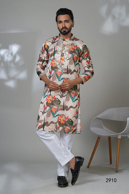 Men's Printed Kurta Set: Artistic Embellished Placket