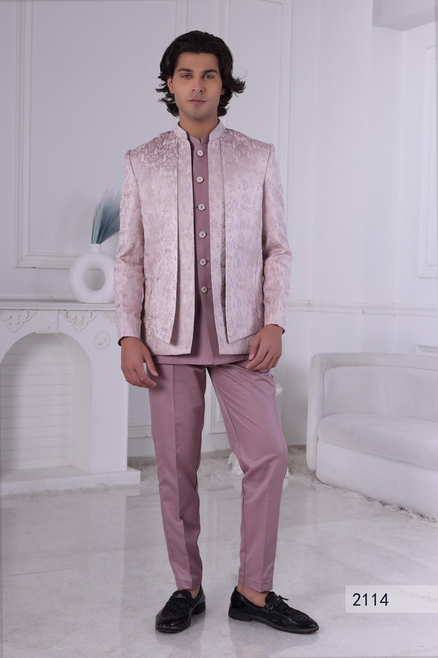 Floral Brocade Sherwani: Light Pink Lavender Indian Wedding Outfit