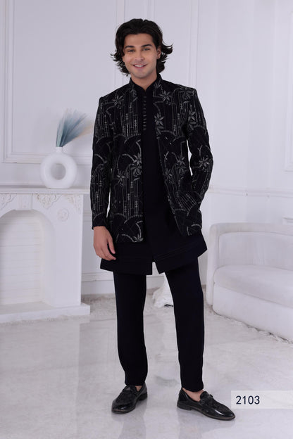 Black Sherwani for Men | Embroidered Indo-Western Jacket Suit | Indian Groom Wear | Reception & Wedding Outfit