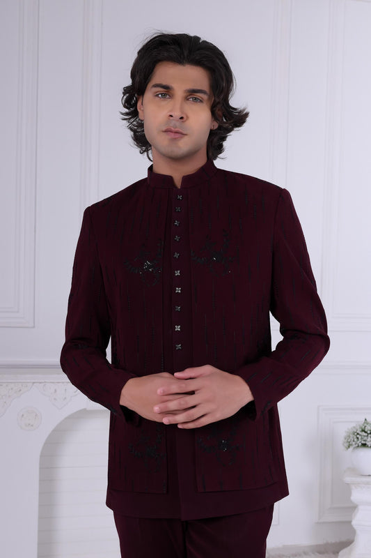 3-Piece Burgundy Indo-Western Suit Sherwani | Designer Jodhpuri Jacket & Kurta | Groom's Reception  Sangeet Outfit