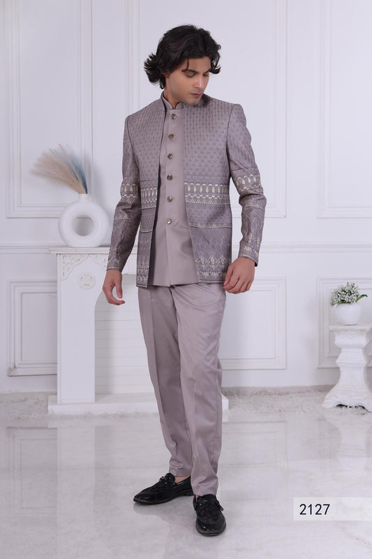 Regal Dusty Lilac Indo-Western with Waistcoat | Architectural Embroidered Jacket | Men's Designer Wedding Sherwani