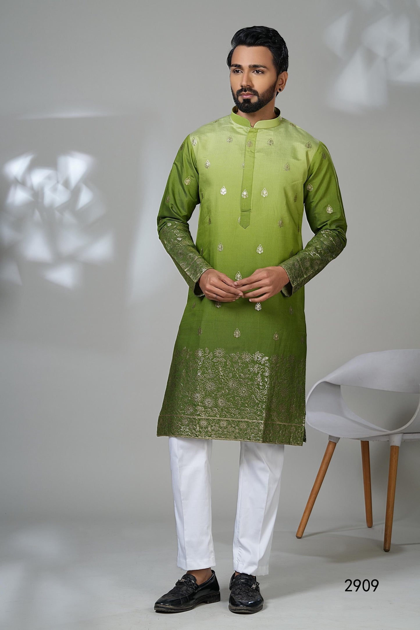 Men's Ombre Green Kurta with Gold Embroidery - Mehendi Sangeet Outfit