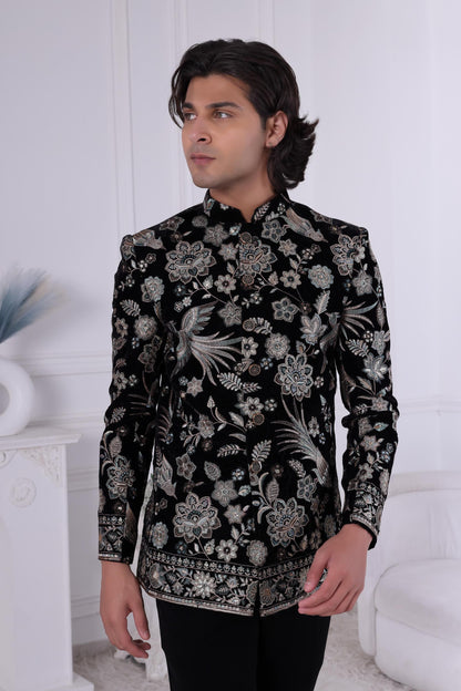 Emerald Green Velvet Jodhpuri Suit: Peacock Embroidery, Indian Groom Sherwani