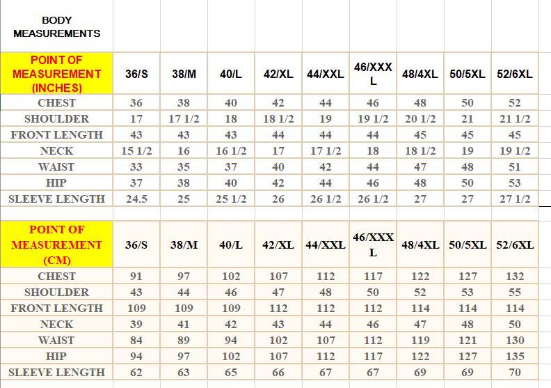 Measurement chart for body dimensions with labeled points and sizes.