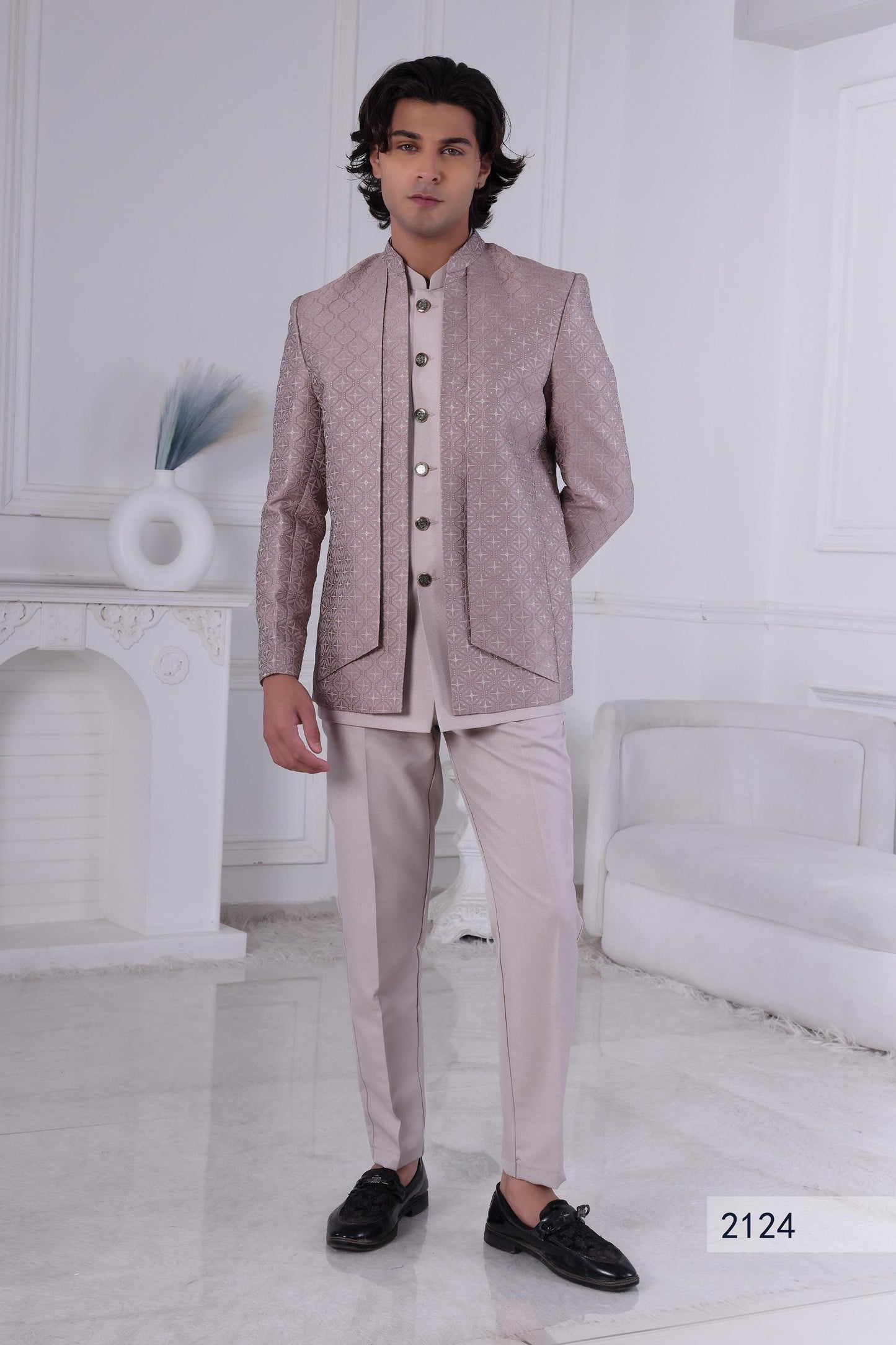 Geometric Jacquard Indo-Western Suit: Dusty Rose Wedding Sherwani