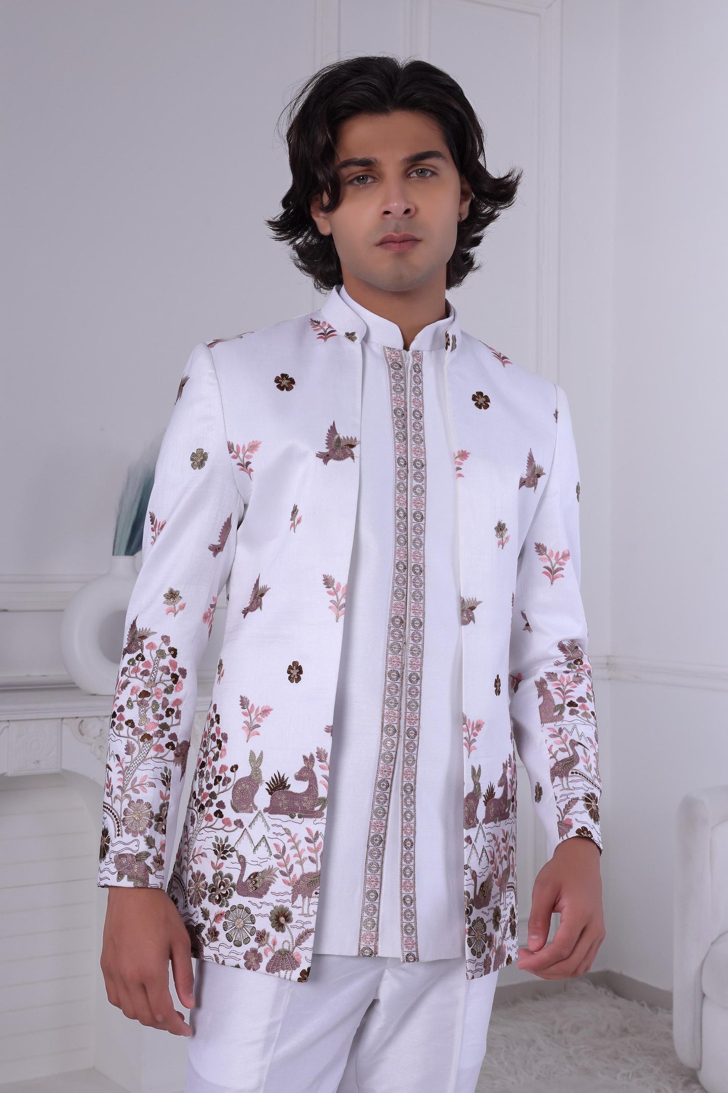 Embroidered Jodhpuri Suit: White Indo Western Sherwani, Woodland Animals