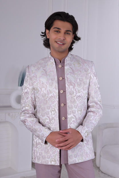 Lilac Jodhpuri Suit: Woven Jacquard Sherwani, Indian Groom Wedding Outfit