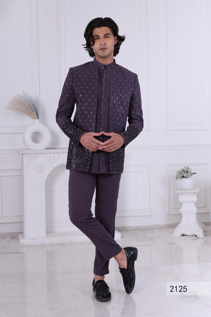Men's Aubergine Sherwani: Sequin Indo-Western Suit, Cocktail Party Wear