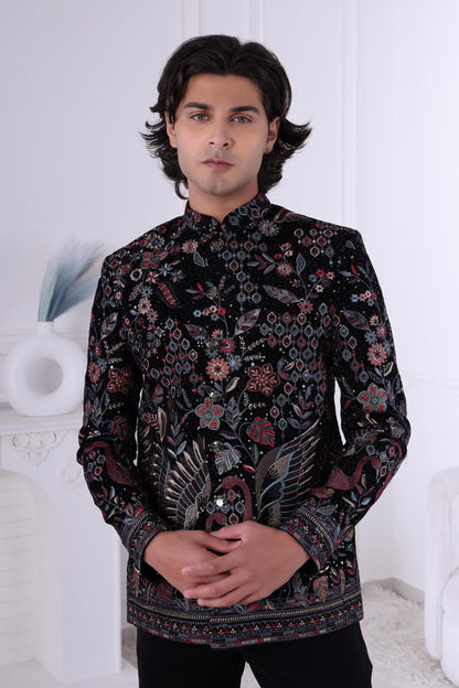 Black Embroidered Sherwani for Men – Regal Floral & Bird Design  Indian Wedding Outfit  Custom Tailored