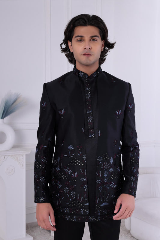 Embroidered Black Indo-Western Sherwani: Men's Wedding Bandhgala Suit