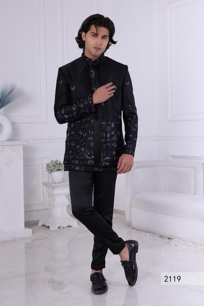 Embroidered Black Indo-Western Sherwani: Men's Wedding Bandhgala Suit
