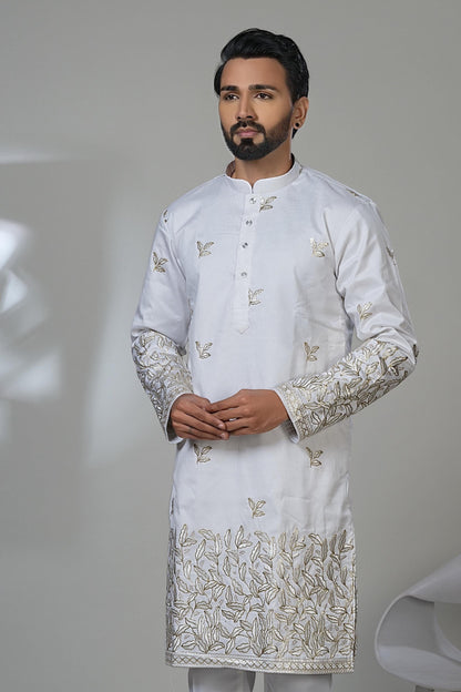 Gold Leaf Embroidered White Kurta Set - Designer Menswear
