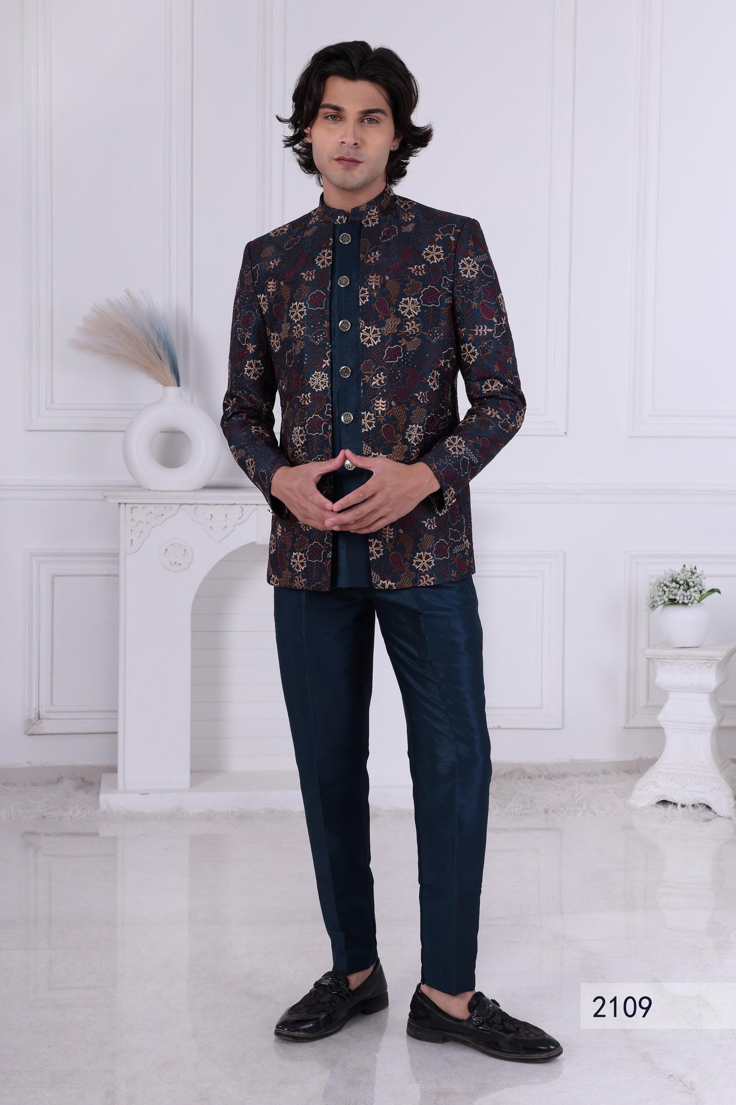 Embroidered Nehru Jacket Set: Indo Western Kurta Churidar Suit