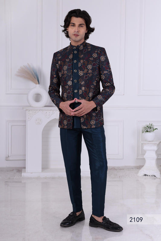 Embroidered Nehru Jacket Set: Indo Western Kurta Churidar Suit