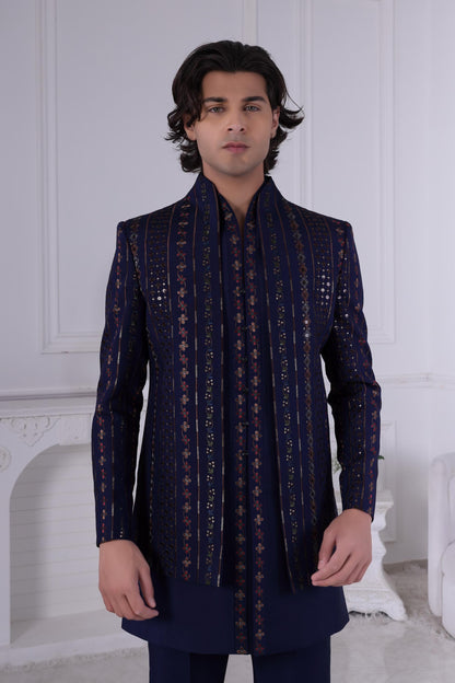 Dark Blue Sherwani: Gold Geometric Indian Wedding Outfit, Custom Tailored