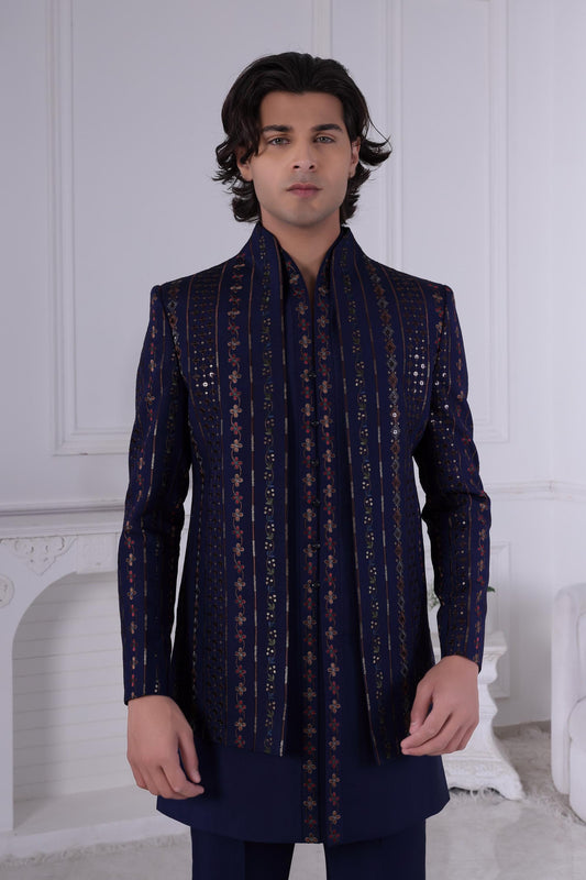 Dark Blue Sherwani: Gold Geometric Indian Wedding Outfit, Custom Tailored