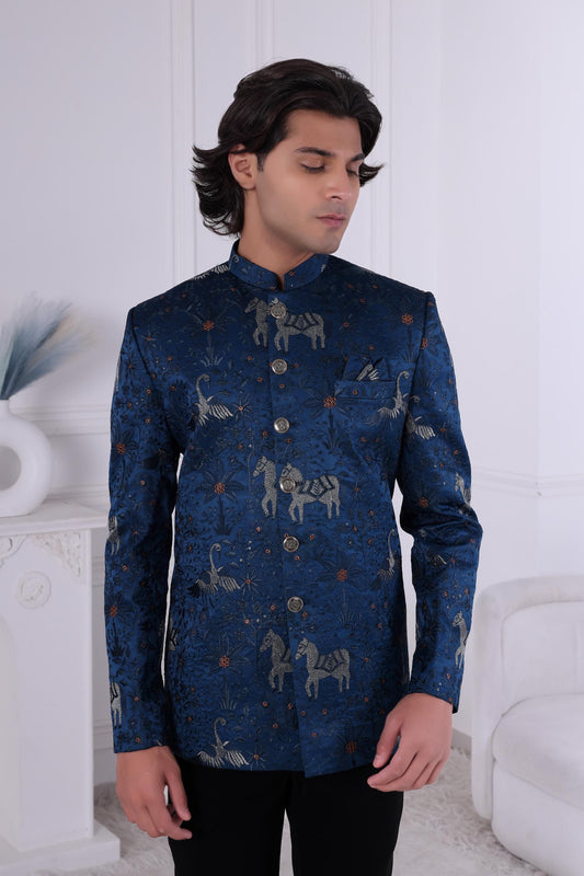 Dark Blue Jacquard Jodhpuri Suit with Royal Horse Pattern | Indian Sherwani | Indian Groom Outfit