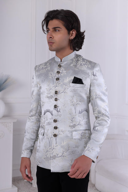 Silver-Blue Scenic Jacquard Jodhpuri Suit: Modern Bandhgala Wedding Outfit