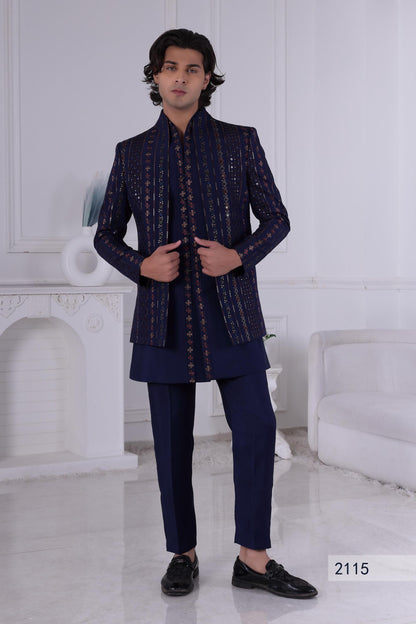Dark Blue Sherwani: Gold Geometric Indian Wedding Outfit, Custom Tailored