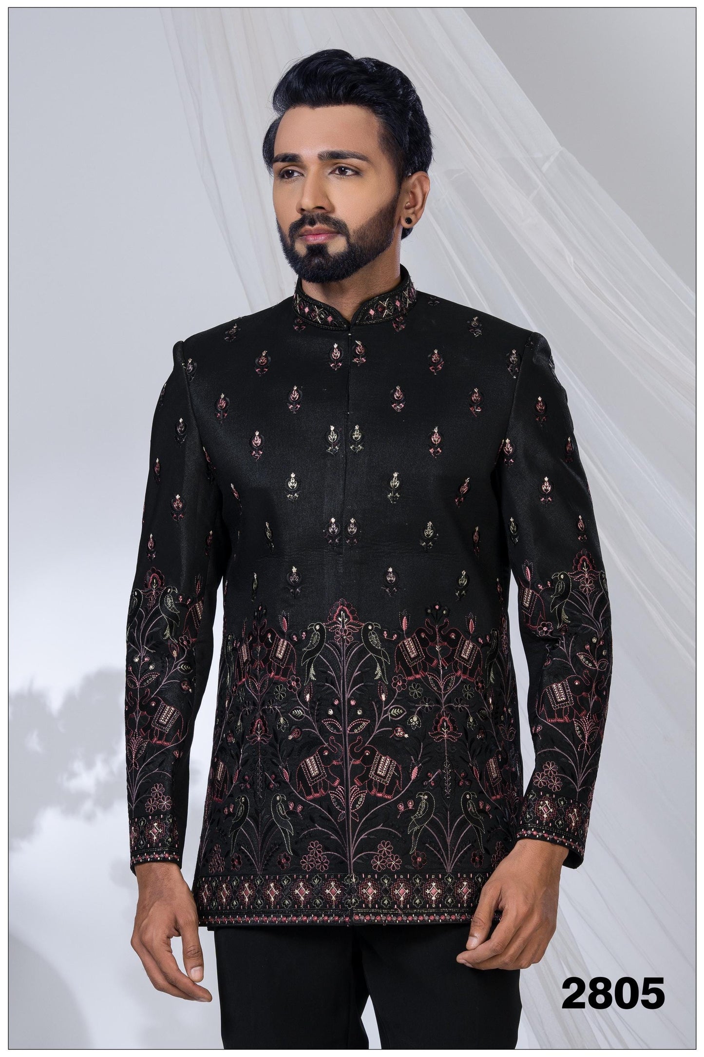 Luxury Black Bird Motif Bandhgala Suit | Modern Designer Reception Outfit | Indian Wedding Wear |